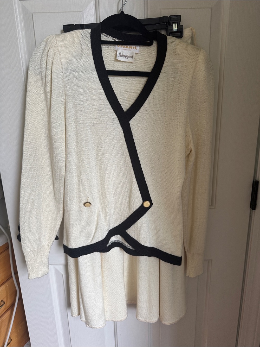 Neiman Marcus Ivory Long Sleeve Knit Dress with Black Trim